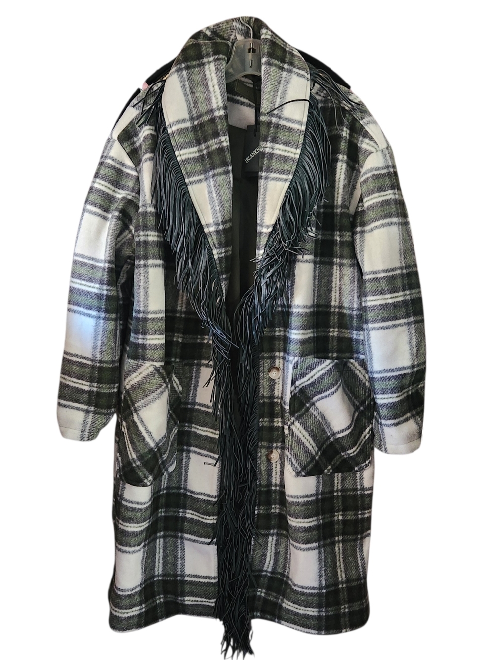 BLANK NYC Olive & Cream Fleece Plaid Fringe Oversized Duster Coat